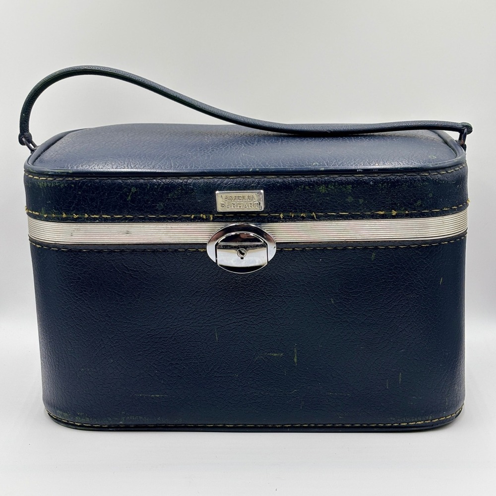 Vintage Amelia Earhart Train Case Navy Blue Hard Shell Vanity Makeup Travel Bag